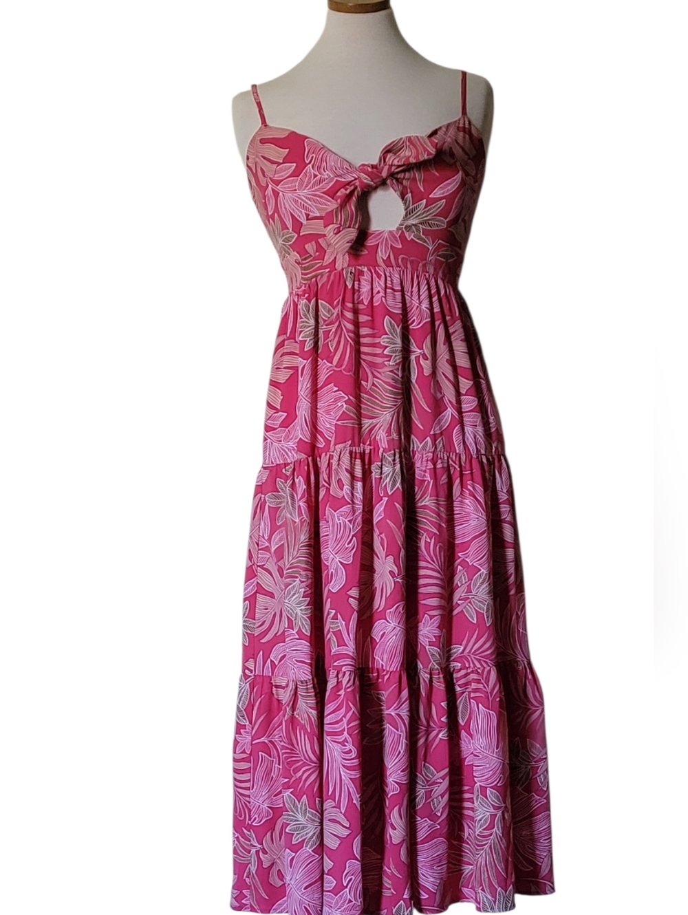 SugarLips Smocked Tropical  Floral Tiered Ruffle Keyhole Midi Dress